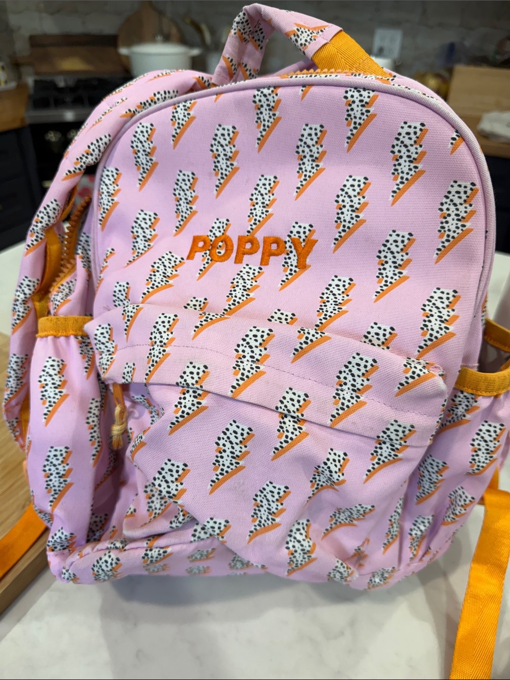 Kids' Pink Lightning Bolt Backpack “Poppy” Inscribed